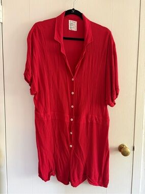 Red Short-Sleeve Button-Front Romper
